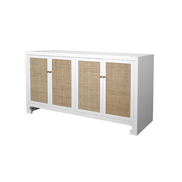 Sofia - Four Door Cane Cabinet With Brass Hardware In Matte White Lacquer Finish