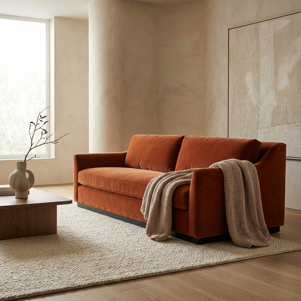 Sophia Slope Arm Mohair Sofa with Bench Seat - Cinnamon Mohair