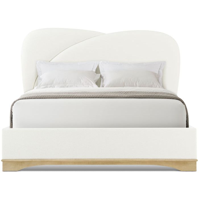 Alternate view of Origins US King Bed, featuring upholstery fabric, wood, and integrated upholstered headboard.