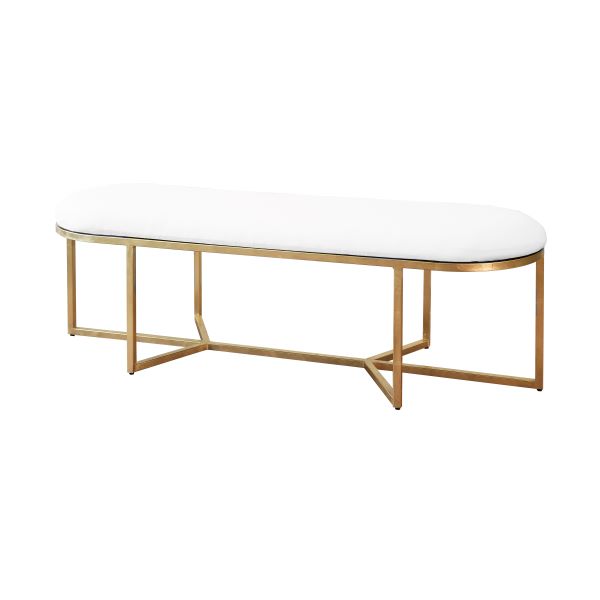 Benches Tamia - Oval Bench With White Linen Cushion And Iron Base In Gold Leaf