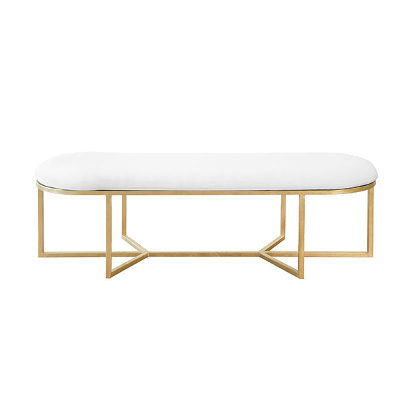 Benches Tamia - Oval Bench With White Linen Cushion And Iron Base In Gold Leaf