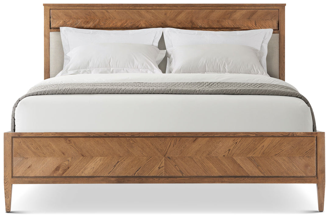 Wooden bed with white bedding on a white background