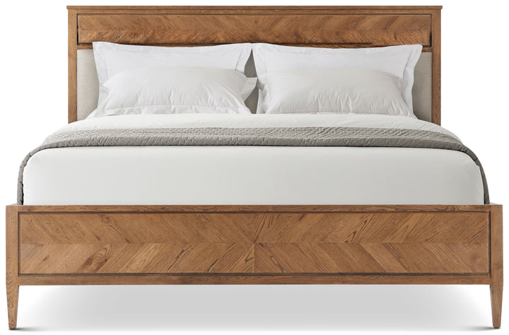Wooden bed with white bedding on a white background