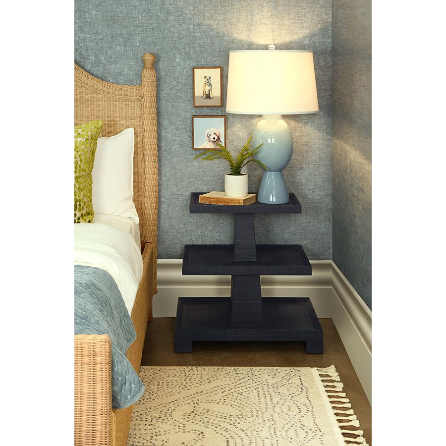 Side Tables Three Tier Center Column Side Table In Textured Navy Linen