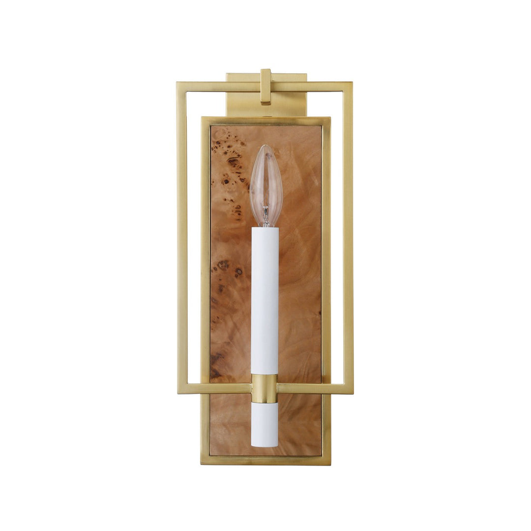 Taurus - Candlestick Sconce With Rectangular Burl Wood Backplate And Open Brushed Brass Rectangle Frame