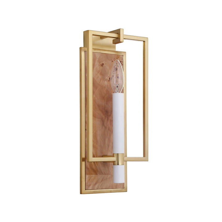 Taurus - Candlestick Sconce With Rectangular Burl Wood Backplate And Open Brushed Brass Rectangle Frame