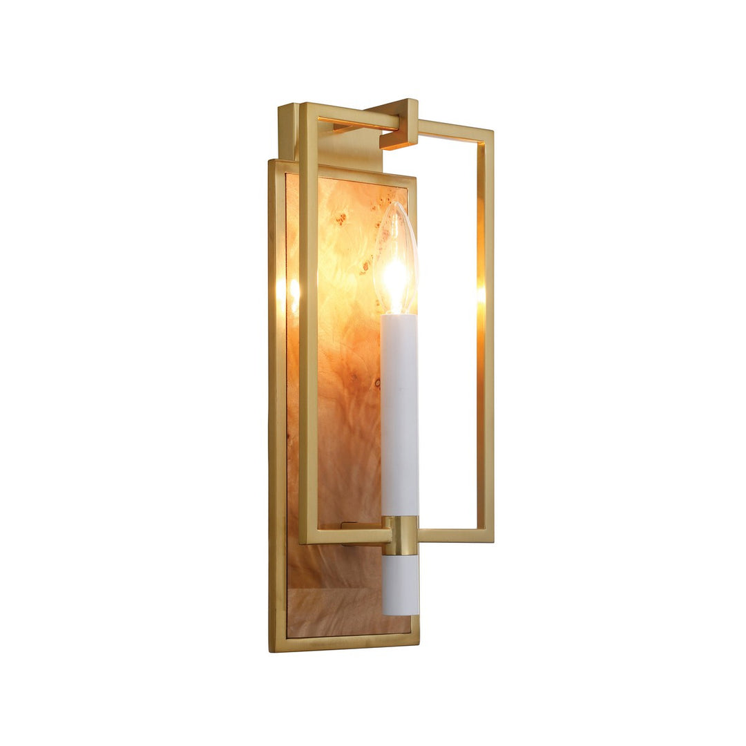 Taurus - Candlestick Sconce With Rectangular Burl Wood Backplate And Open Brushed Brass Rectangle Frame