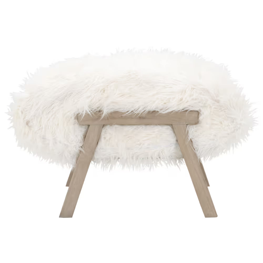 Tibet Ottoman, shown in white and light beige with faux fur, wood, and fixed four-leg base.