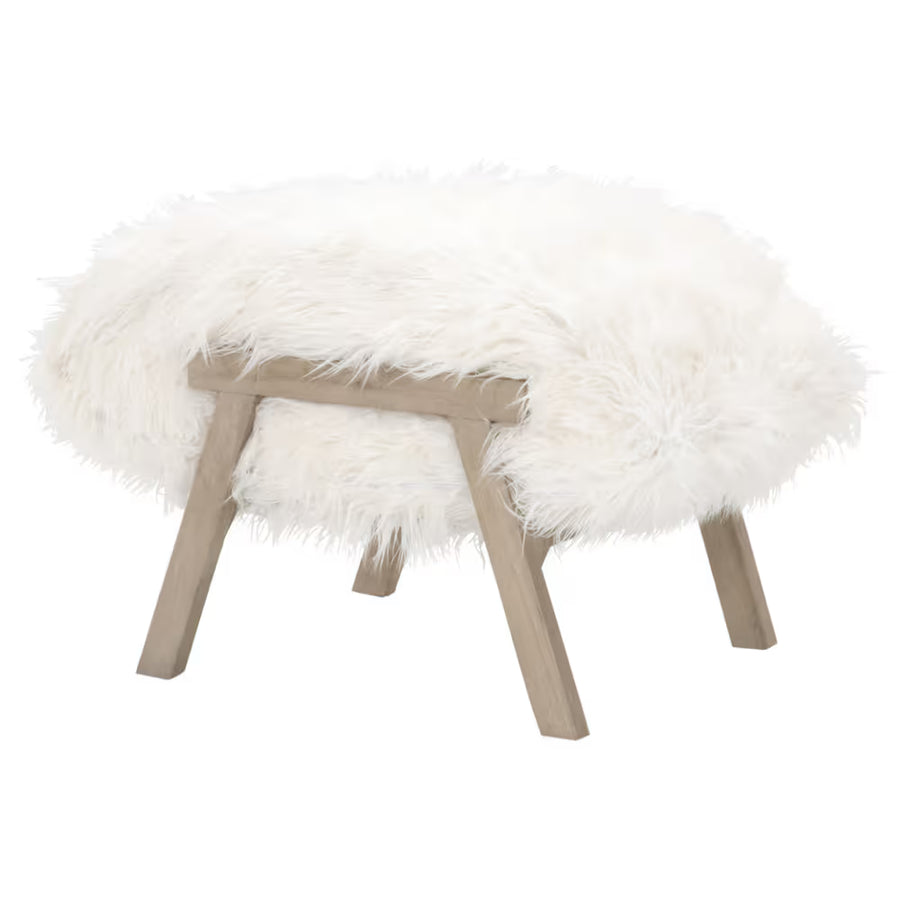 Alternate view of Tibet Ottoman, featuring long-pile shaggy finish, faux fur, wood, and fixed four-leg base.