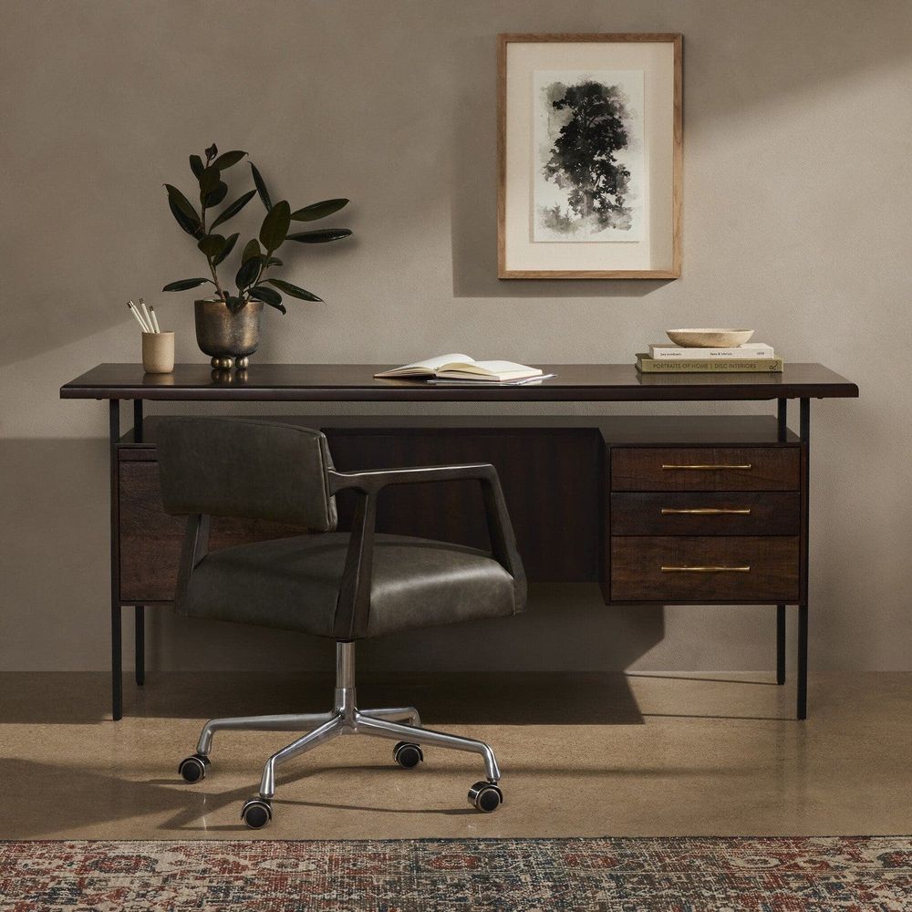 Alternate view of Tyson Desk, featuring matte metal finish, wood, iron, and integrated pedestal storage.