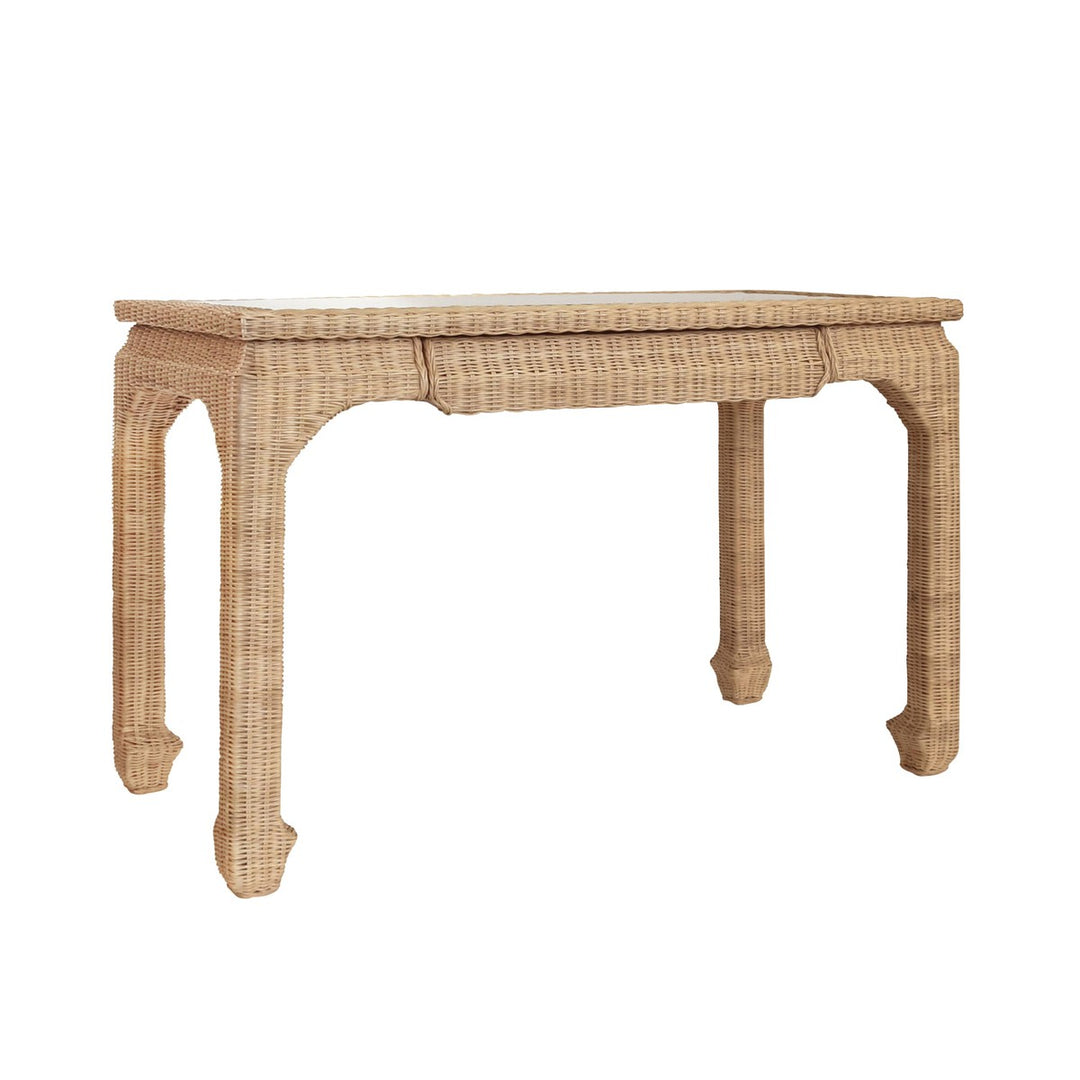 Verra - One Drawer Ming Style Desk In Woven Rattan With Glass Top