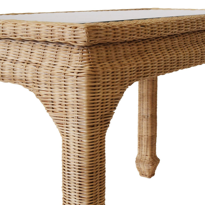 Verra - One Drawer Ming Style Desk In Woven Rattan With Glass Top