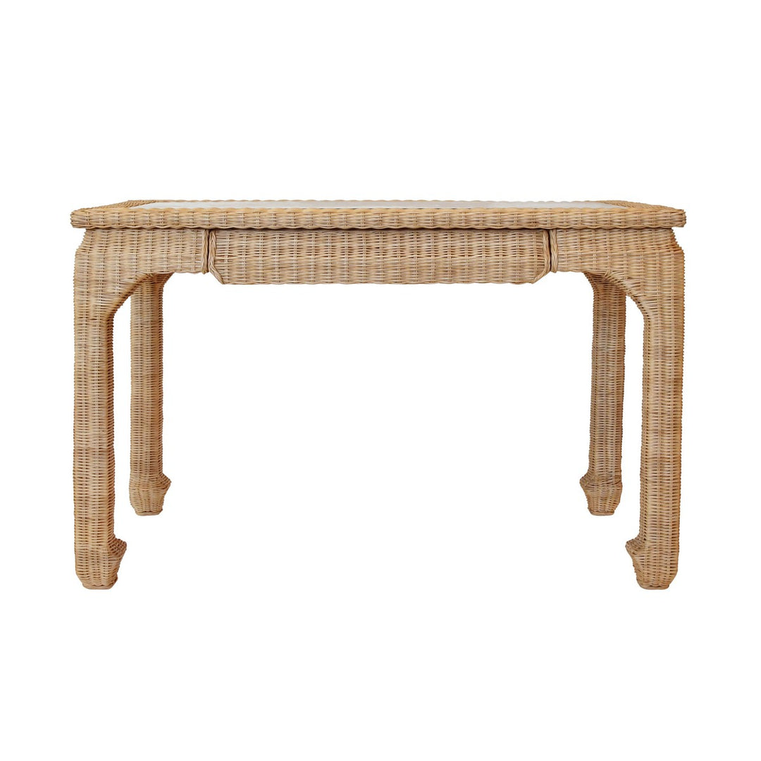 Verra - One Drawer Ming Style Desk In Woven Rattan With Glass Top