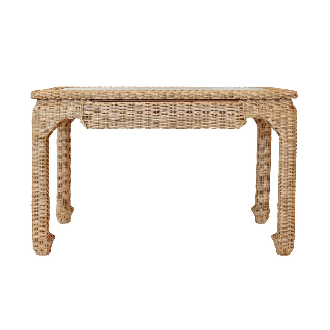 Verra - One Drawer Ming Style Desk In Woven Rattan With Glass Top