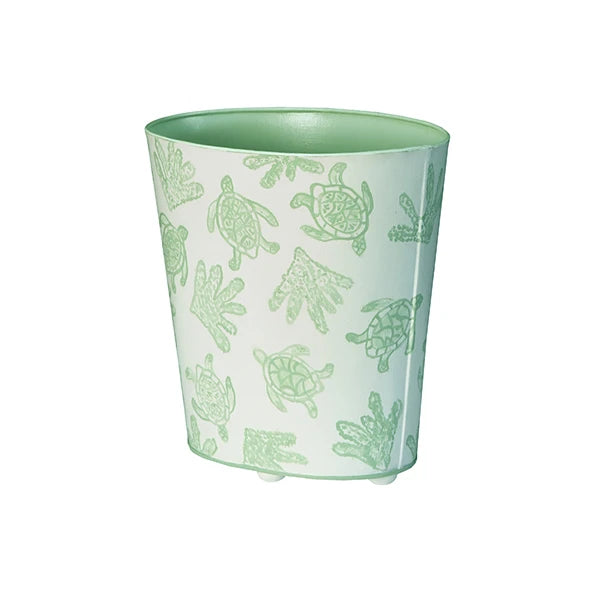 Oval Wastebasket Cream With Mint Green Turtle And Coral Pattern