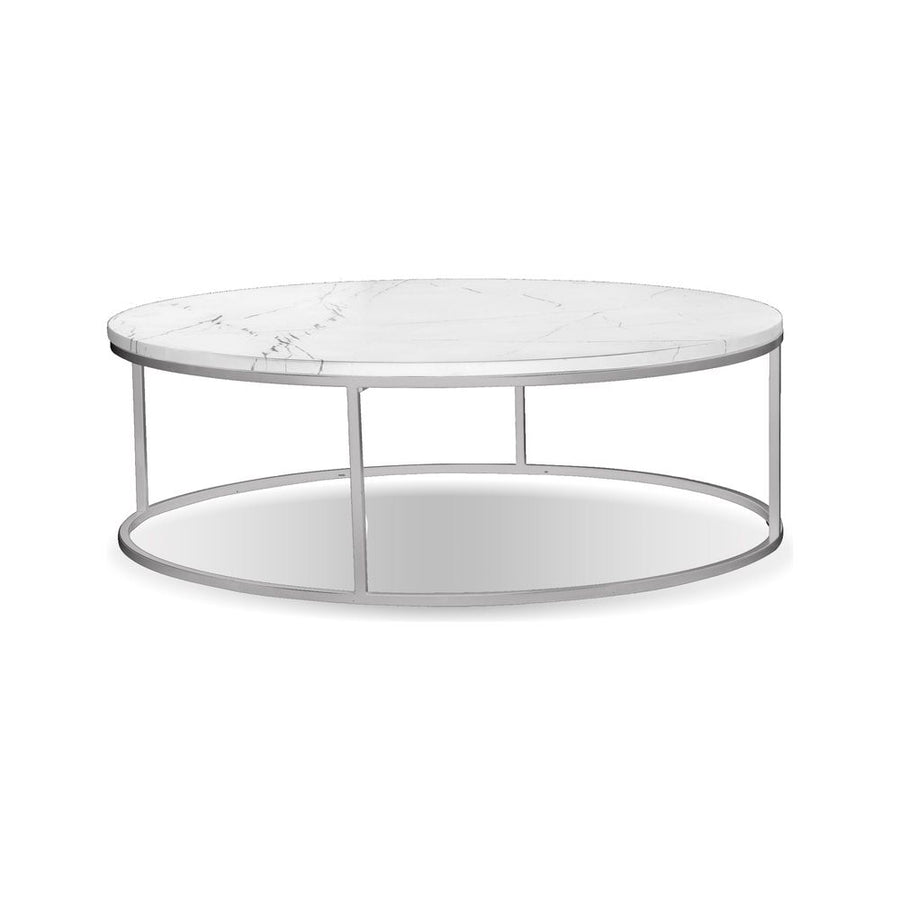 Coffee Tables Onix Round Coffee Table White Semi-Honed Marble Brushed Stainless Steel Base