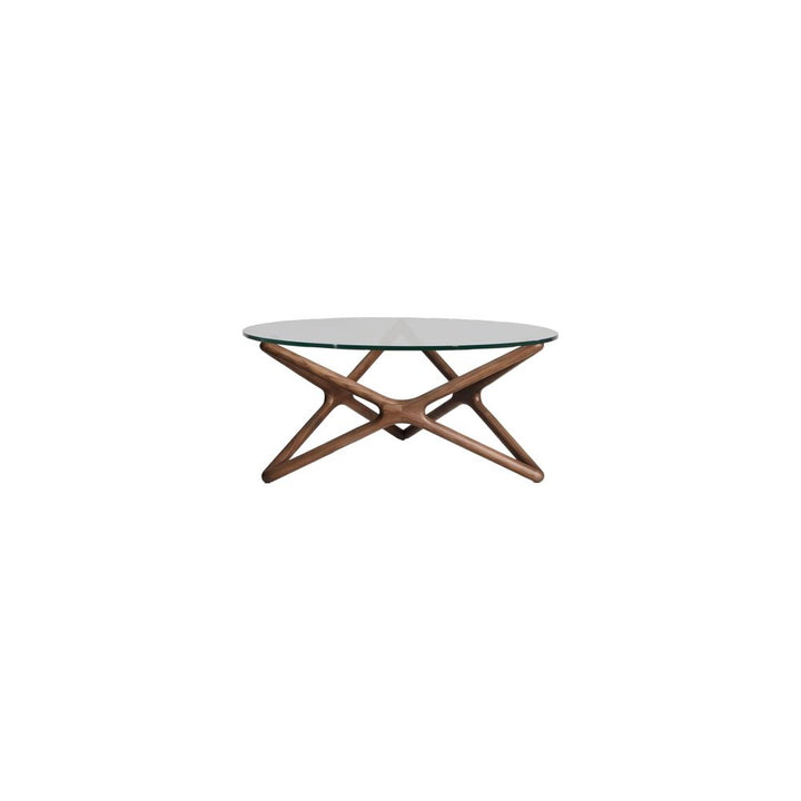 Coffee Tables Quasar Round Coffee Table Clear Glass Solid Ash Stained Walnut Base
