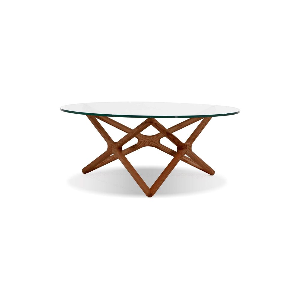 Coffee Tables Quasar Round Coffee Table Clear Glass Solid Ash Stained Walnut Base