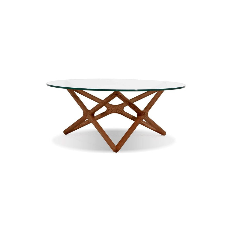 Coffee Tables Quasar Round Coffee Table Clear Glass Solid Ash Stained Walnut Base