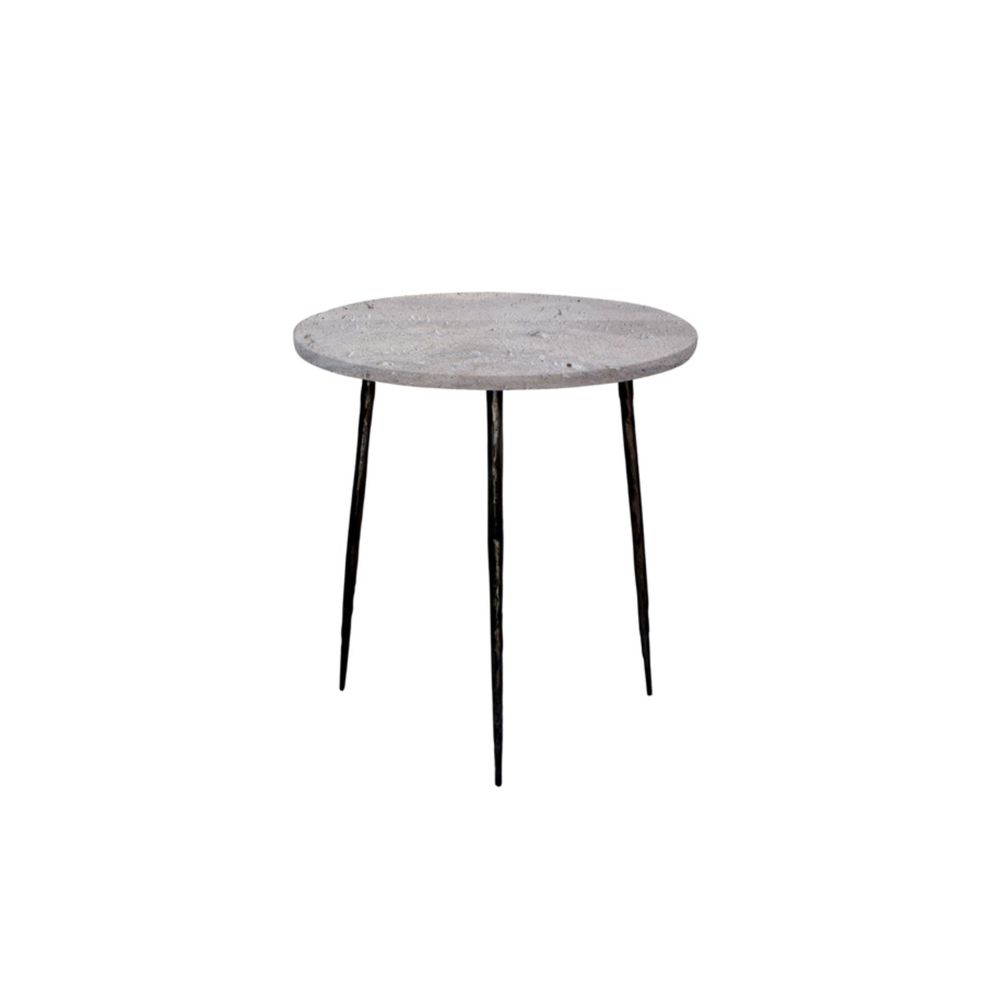 Side Tables Kaii Medium End Table Grey Travertine Marble Hammered Edge/Black Iron Legs