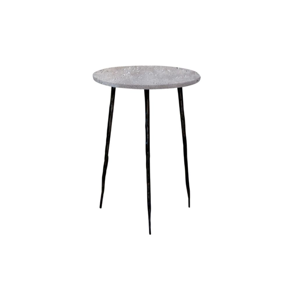Side Tables Kaii Tall End Table Grey Travertine Marble Hammered Edge/Black Iron Legs