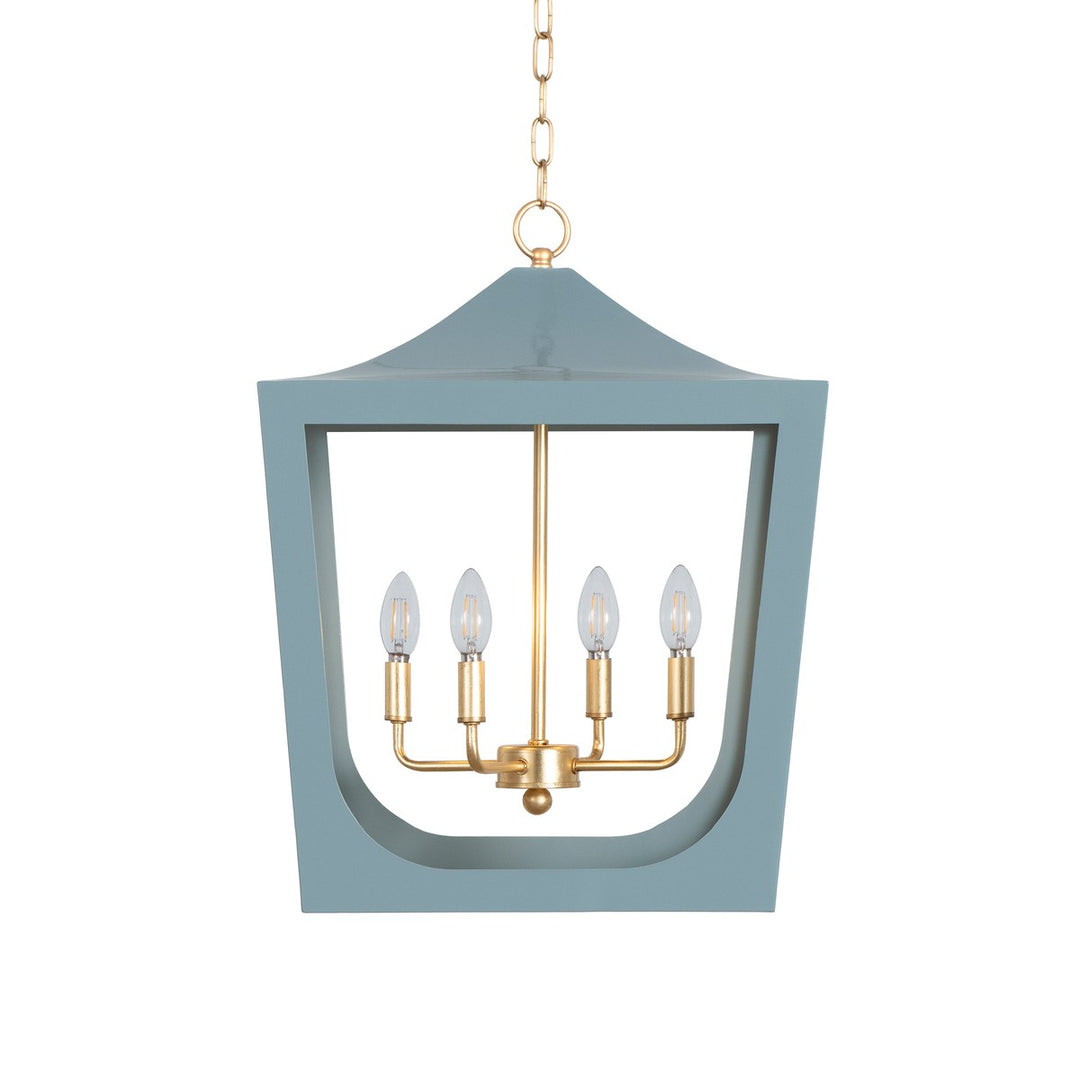 Wimble - Modern Pagoda Lantern With Four Light Gold Leaf Cluster, Body In Light Blue Powder Coat