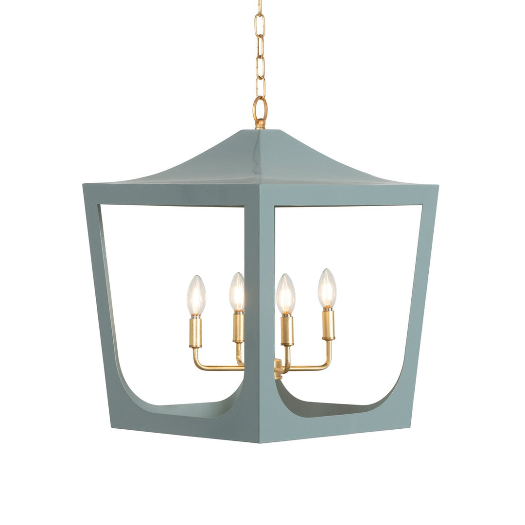 Wimble - Modern Pagoda Lantern With Four Light Gold Leaf Cluster, Body In Light Blue Powder Coat