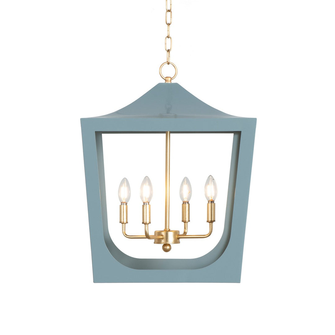 Wimble - Modern Pagoda Lantern With Four Light Gold Leaf Cluster, Body In Light Blue Powder Coat