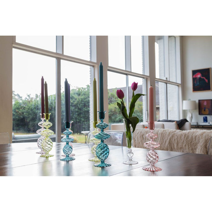 Pink Swirl Glass Candlestick, Large, Set of 2