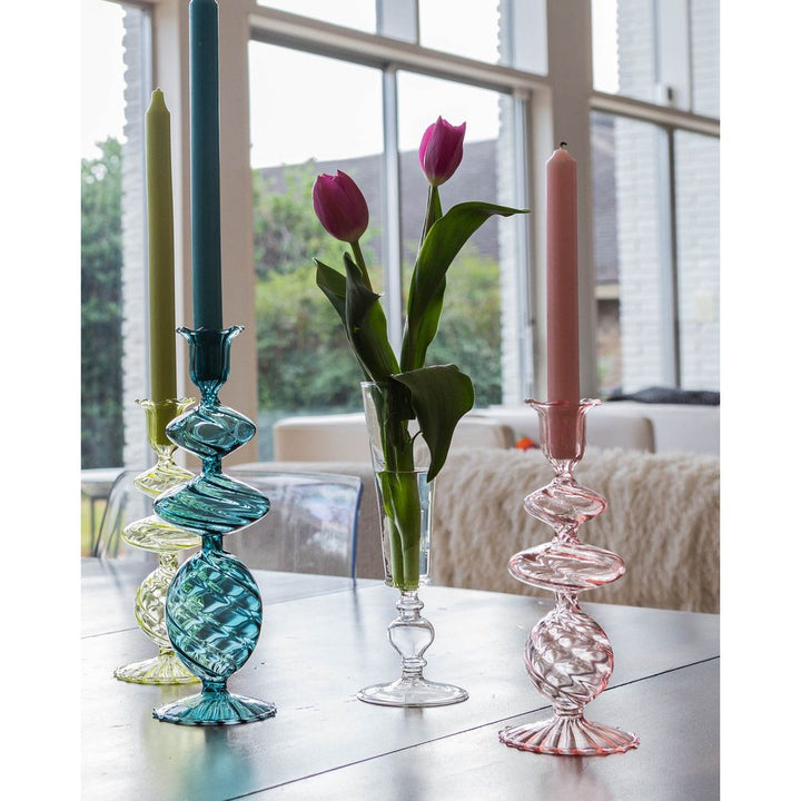 Pink Swirl Glass Candlestick, Large, Set of 2