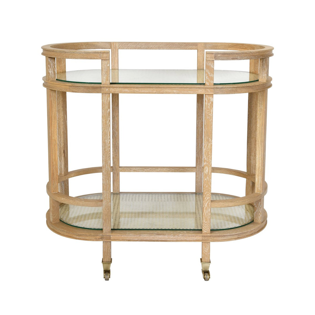 Zaina - Oval Bar Cart With Two  Natural Cane Shelves And Cerused Oak Frame