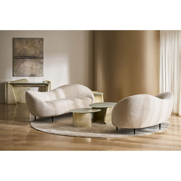 Alternate view of Formosa Sofa 96, featuring textured woven upholstery, fabric, metal, and integrated continuous curved arms.