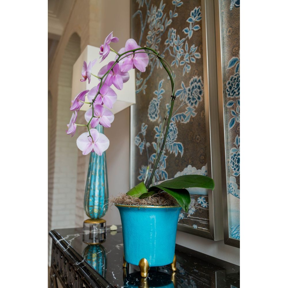 Indoor Planters Cachepot, Turquoise with Gold, Large Set of 2