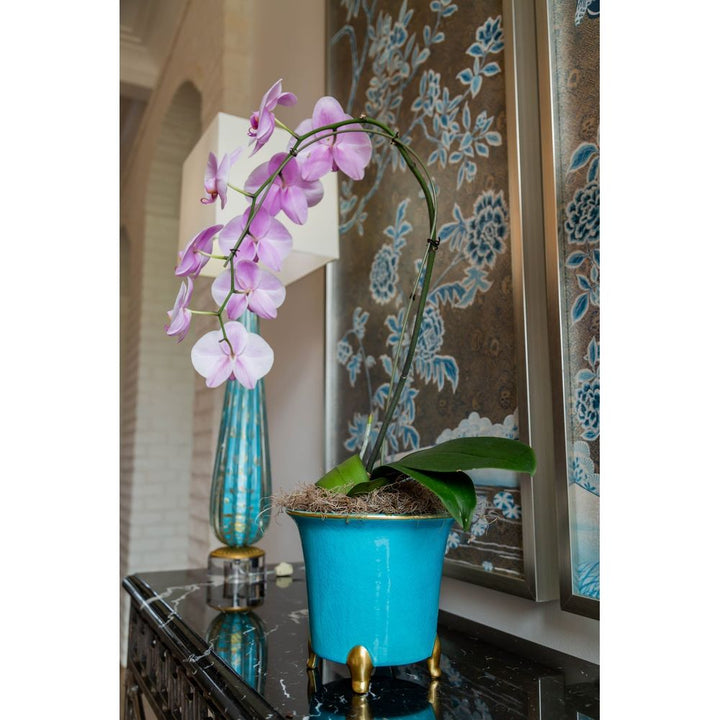 Indoor Planters Cachepot, Turquoise with Gold, Large Set of 2