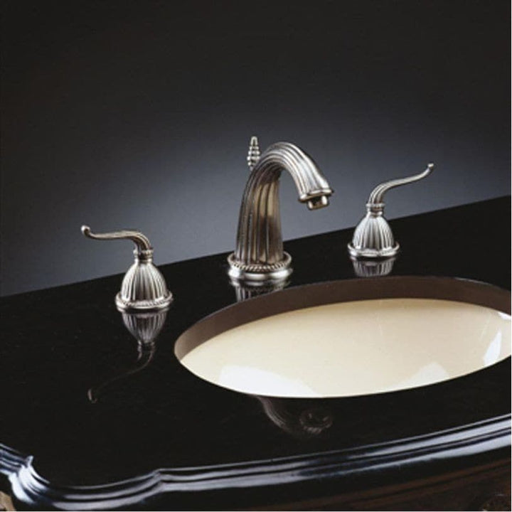 Fontaine Faucet, shown in pewter and silver with metal and widespread deck-mount configuration.