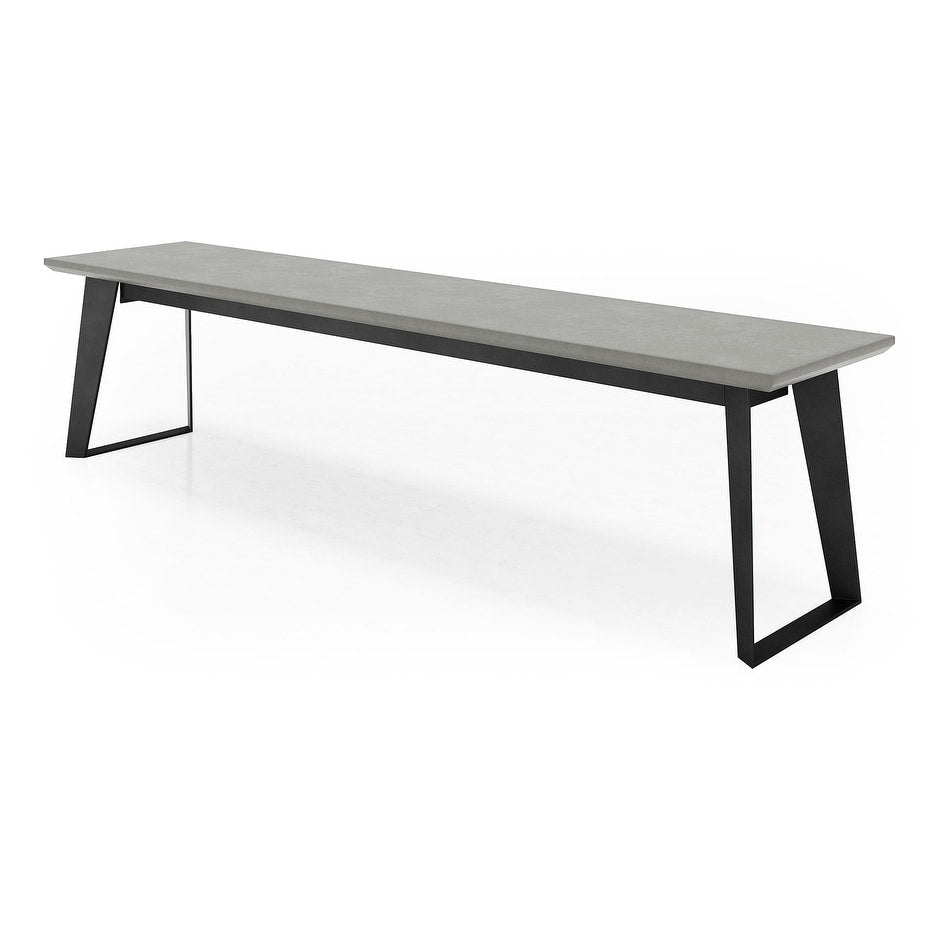 Amsterdam Bench in gray concrete with black angled metal legs, three-quarter view