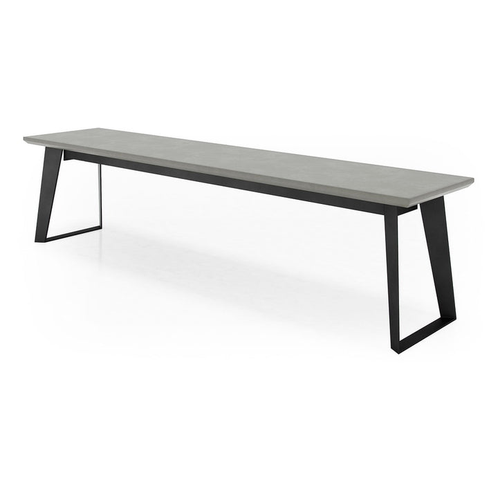 Amsterdam Bench in gray concrete with black angled metal legs, three-quarter view