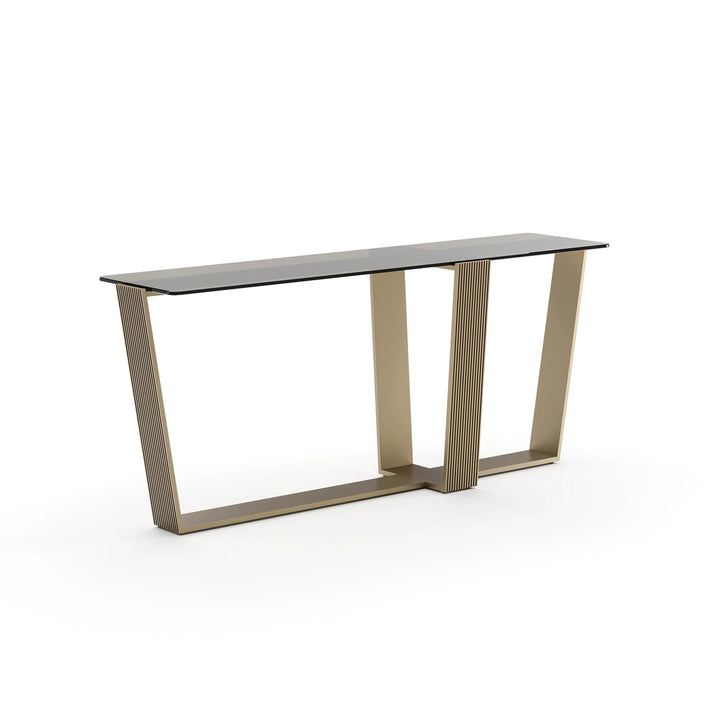 Alternate view of Counter Balance Console Table, featuring brushed finish, metal, glass, and narrow depth profile.