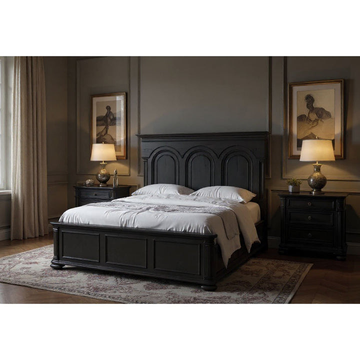 Atrium Panel King Bed — hand rubbed black with undertones of brown