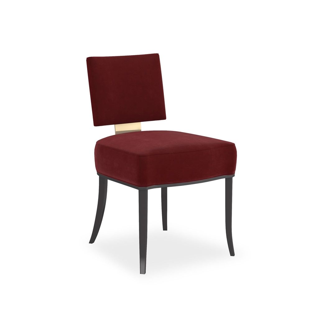 Allocated Side Dining Chair, shown in burgundy and black with velvet fabric, wood, and armless.