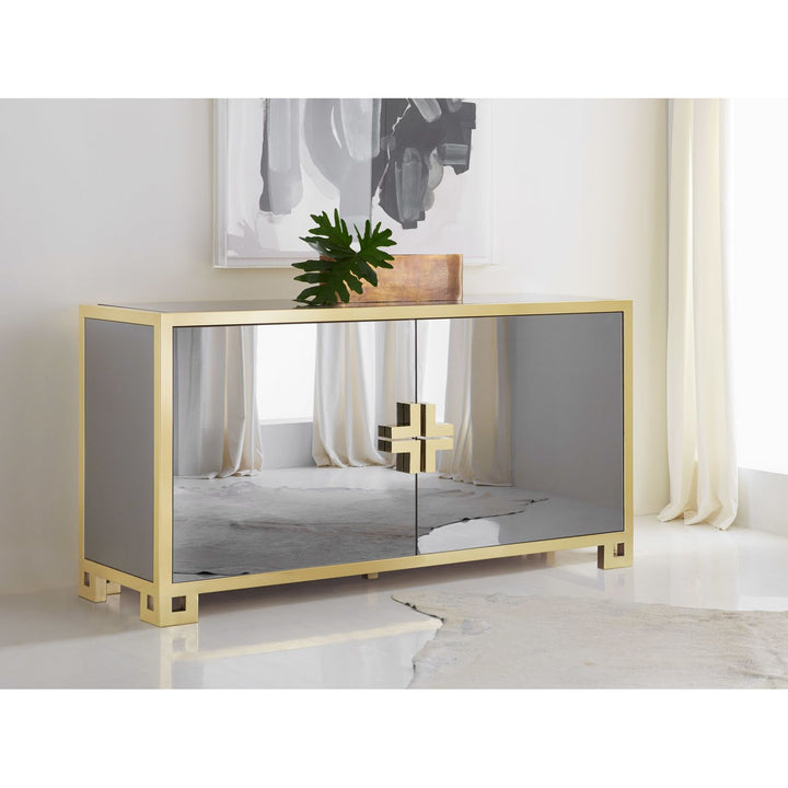 Smoked Mirror Credenza, shown in brass gold and smoked gray with brass, mirrored glass, and dual mirrored doors.