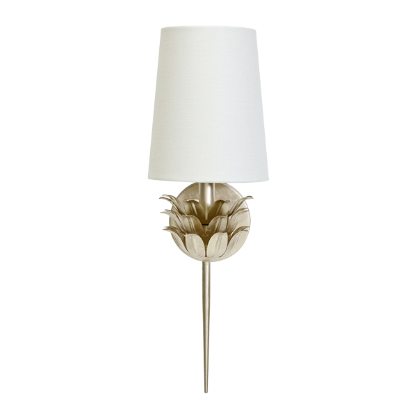 Bathroom Lighting Delilah - Silver Leaf One Arm Sconce With Three Layer Leaf Motif And White Linen Shade