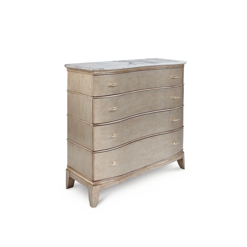 Starlite Media Chest, shown in champagne and ivory with wood, marble, and four graduated drawers.