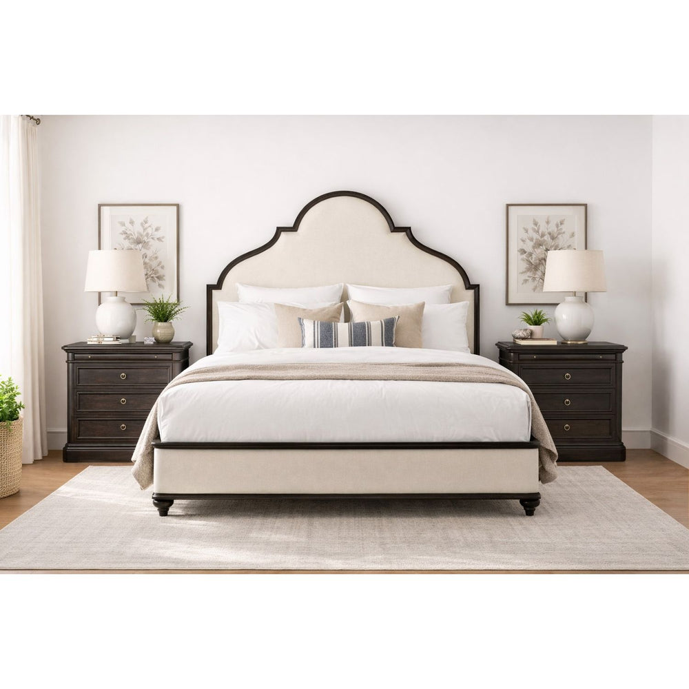 Atrium Upholstered King Bed — hand rubbed black with undertones of brown
