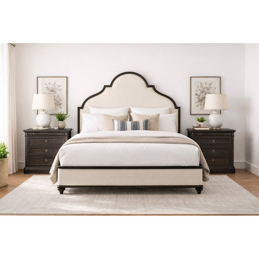 Atrium Upholstered King Bed — hand rubbed black with undertones of brown