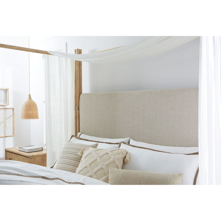 Retreat Pole Rattan Cal King Upholstered Poster Bed with Canopy - Light Wood