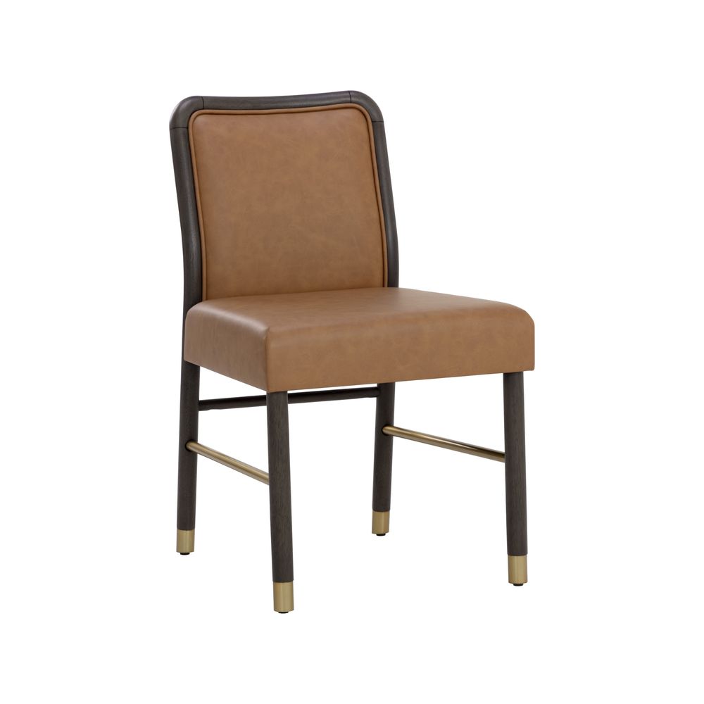 Jeno Dining Chair, shown in cognac and dark espresso brown with vegan leather, wood, and armless.
