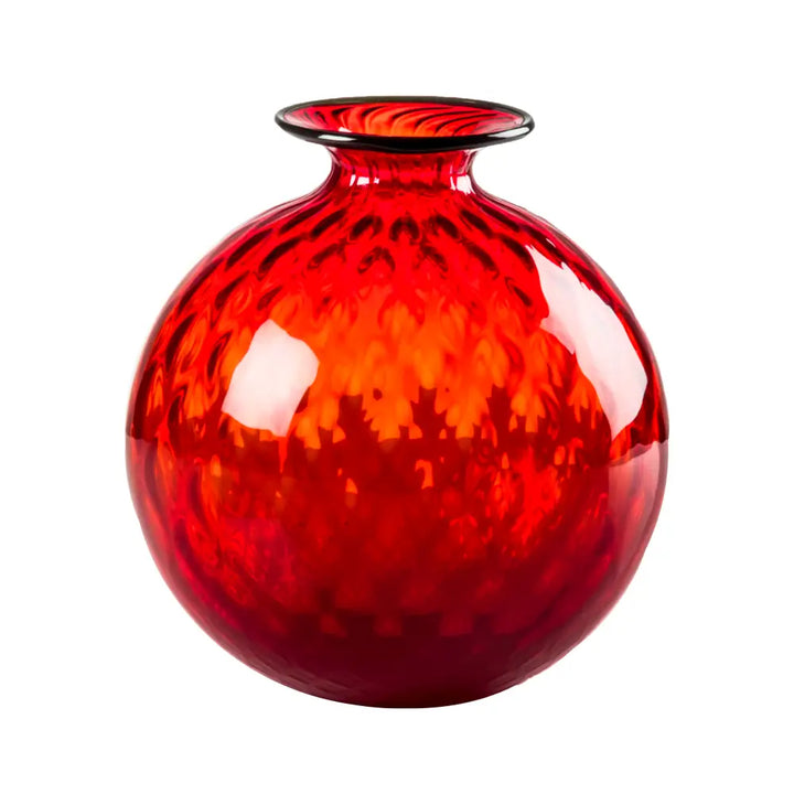 Monofiori Balloton By Venini, shown in red and scarlet with blown glass, murano glass, and a open flared rim aperture.