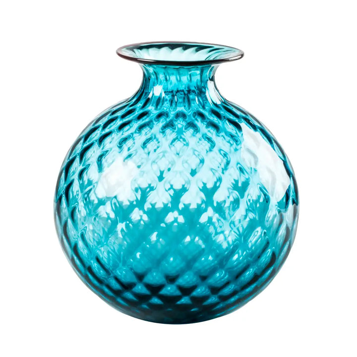 Monofiori Balloton By Venini, shown in turquoise and cyan with blown glass, murano glass, and open flared mouth for stems.