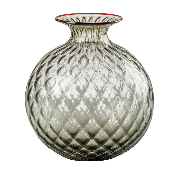 Monofiori Balloton By Venini, shown in smoky grey and transparent grey with glass and open flared rim for stems.
